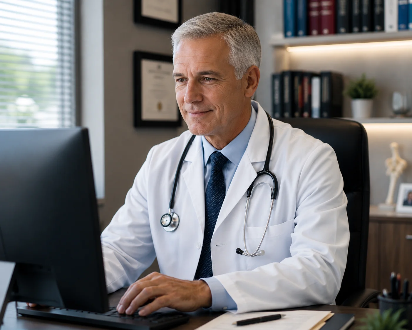 Telehealth provider reviewing a patient intake at his desk