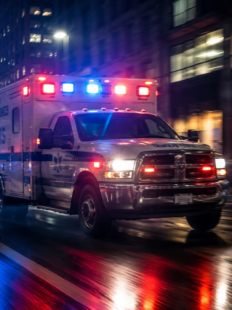 Ambulance responding at night with emergency lights on