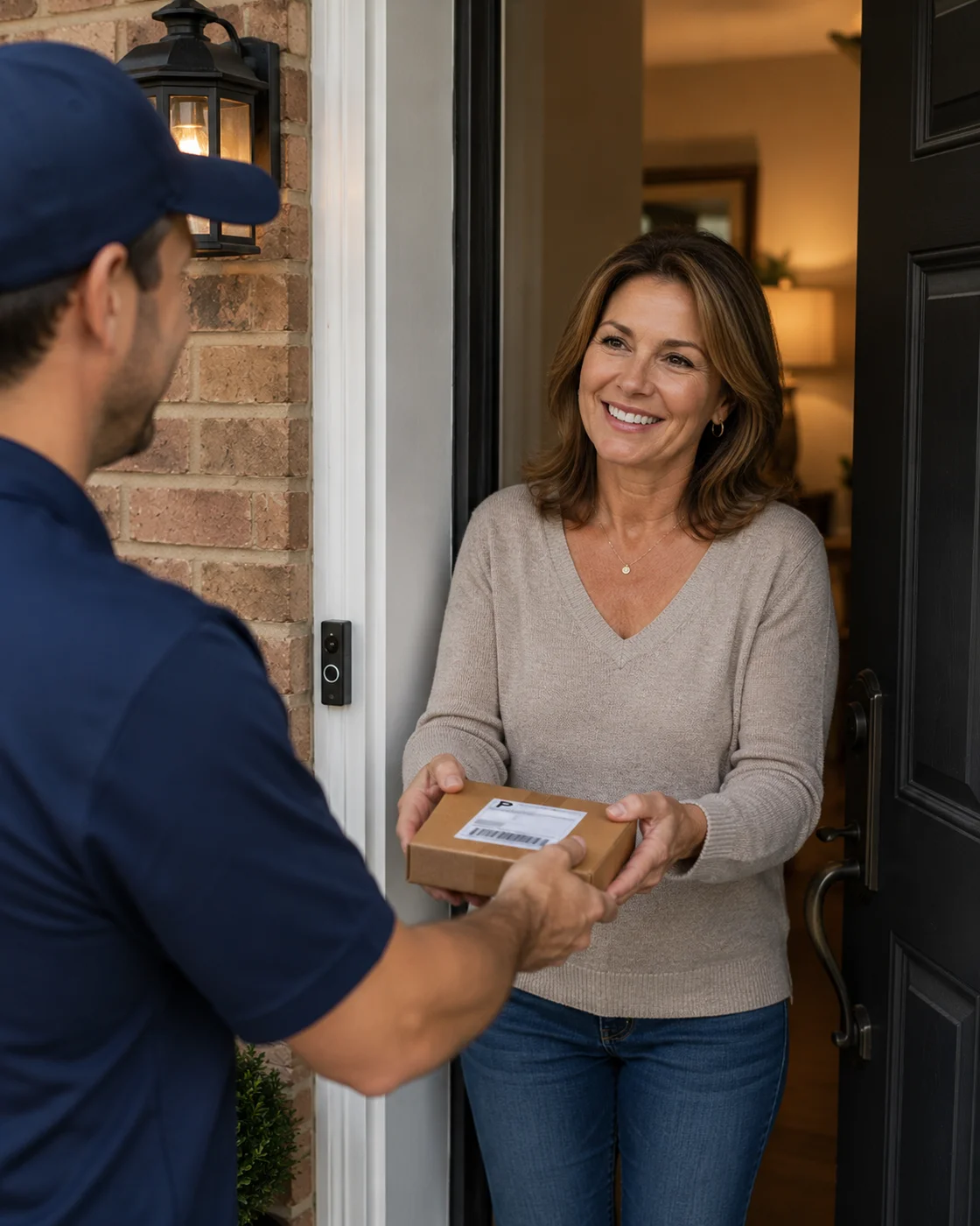 Patient receiving a home delivery at her front door