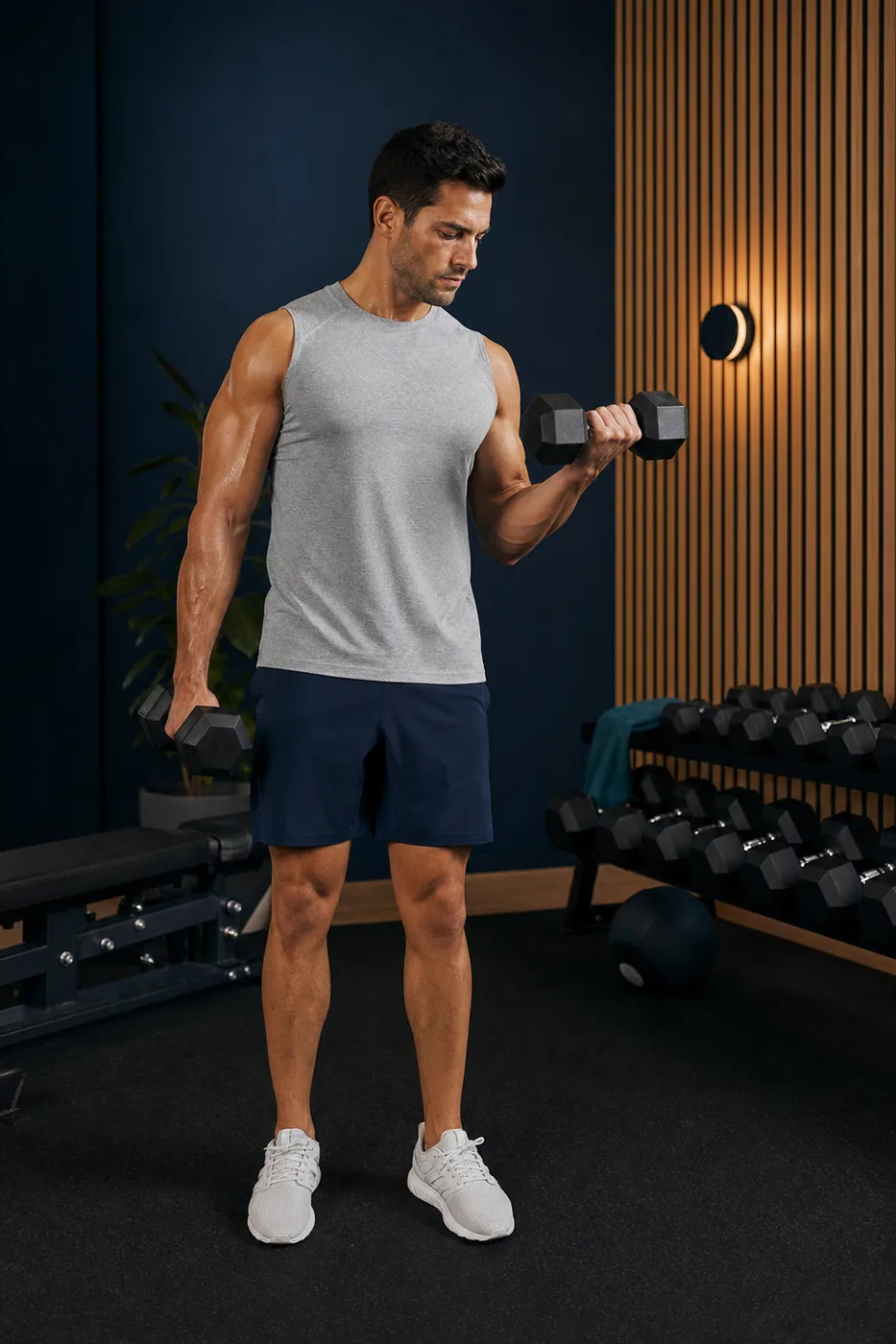 Man doing dumbbell curls in a navy-toned home gym